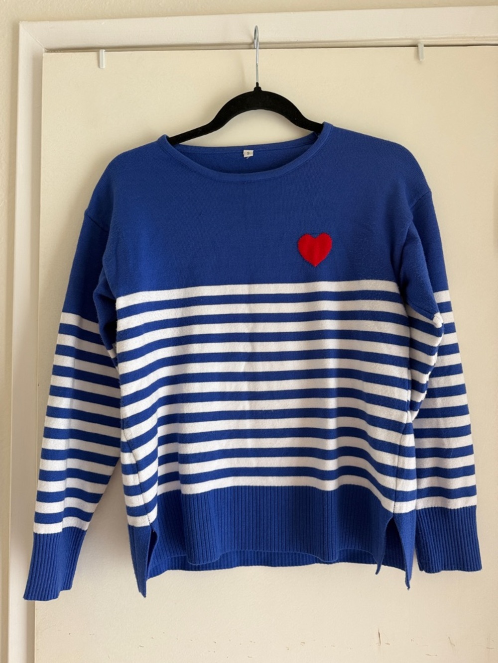 Blue & White Striped Sweater with Red Heart Patch size S